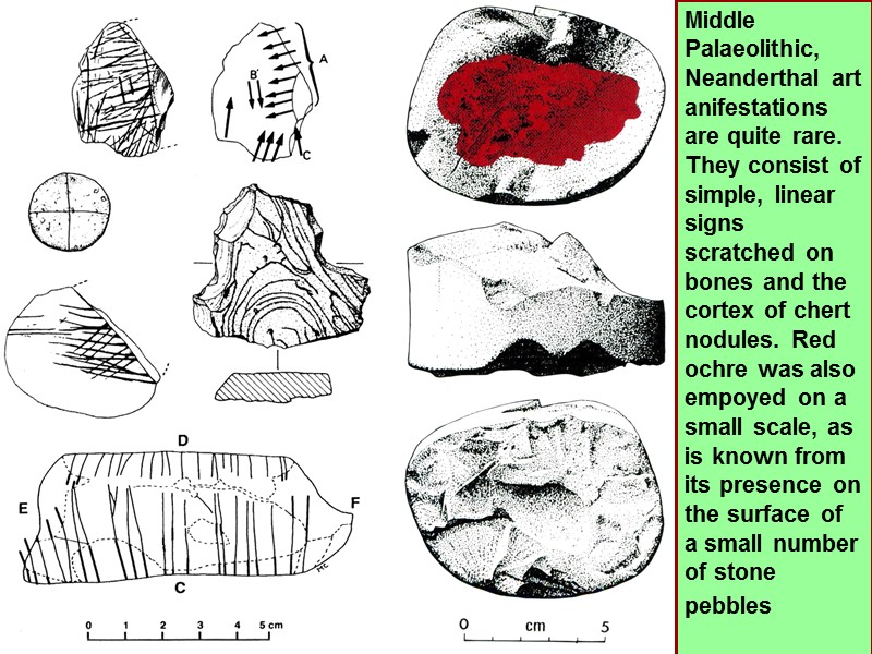 Middle Palaeolithic, Neanderthal art anifestations  are quite rare. They consist of simple, linear